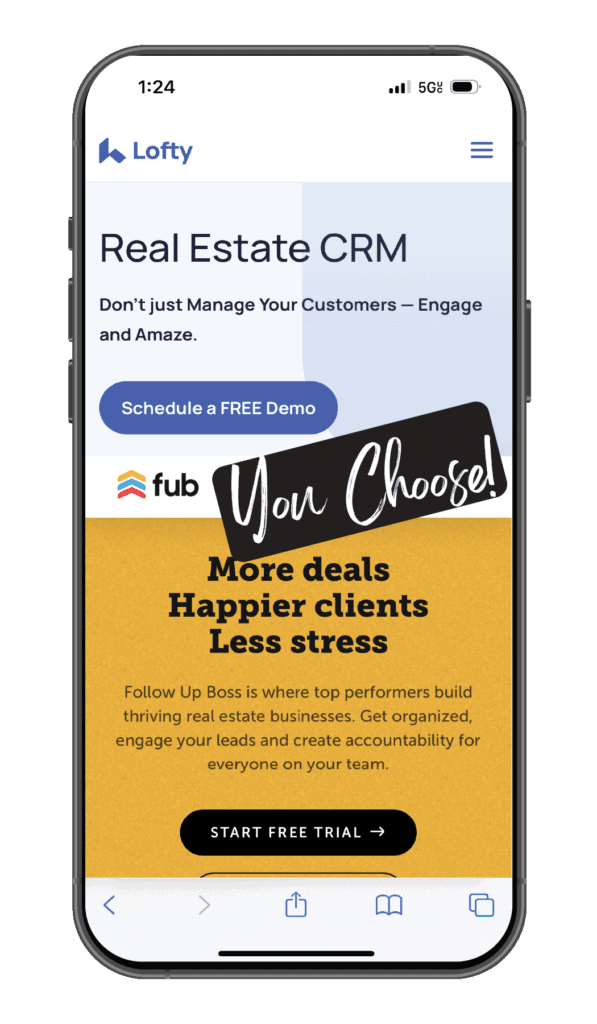Lofty and Follow Up Boss CRM options available through Fiv Realty brokerage